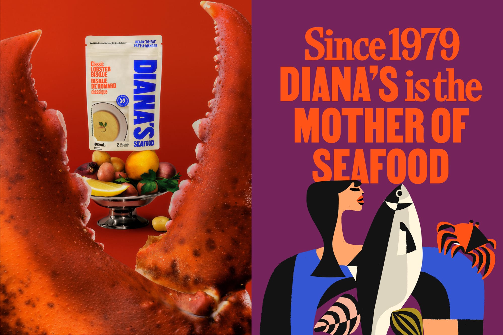 Readymag blog: A photo of lobster claws, food packaging, and illustration for Diana's Seafood by Wedge Studio