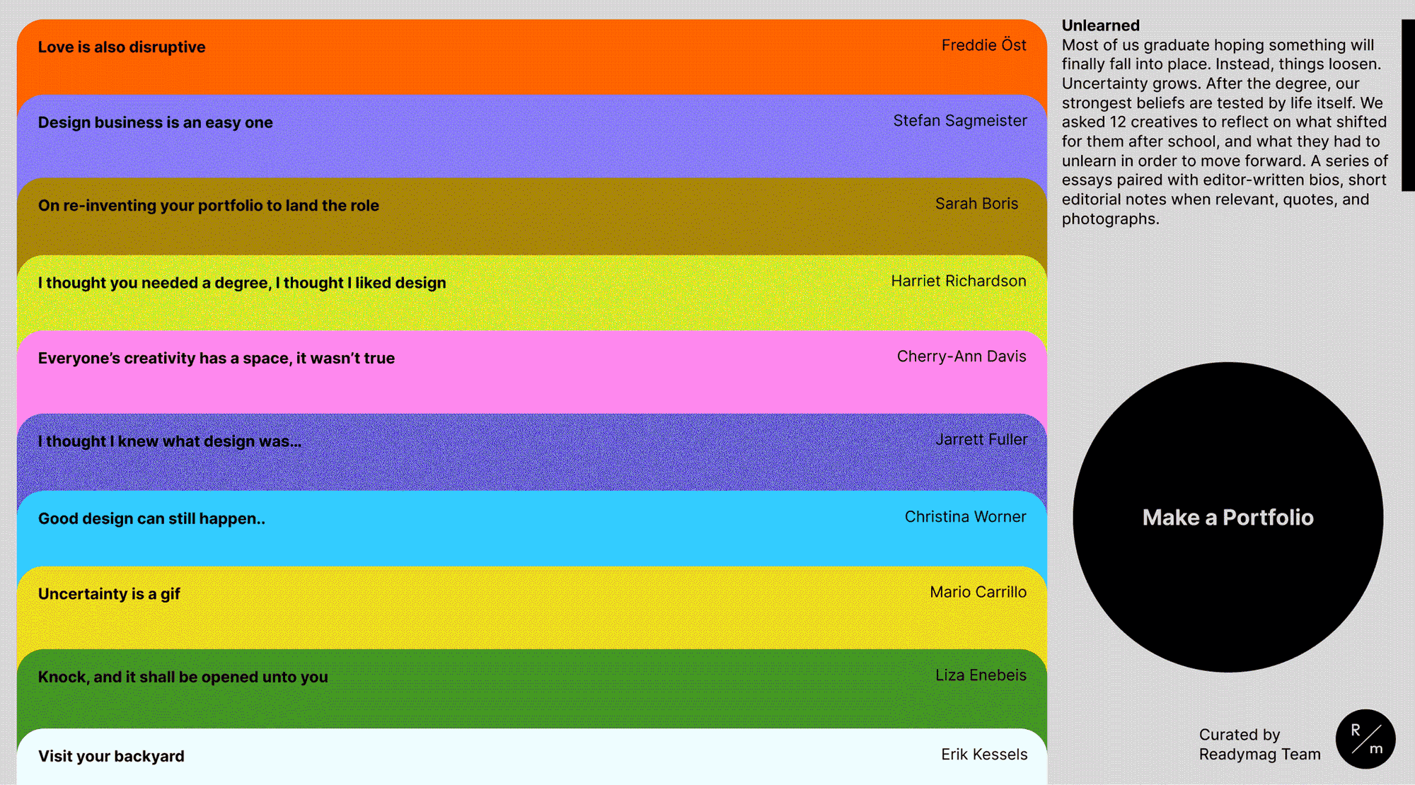 Readymag blog: Early design options for UNLEARNED that were later abandoned