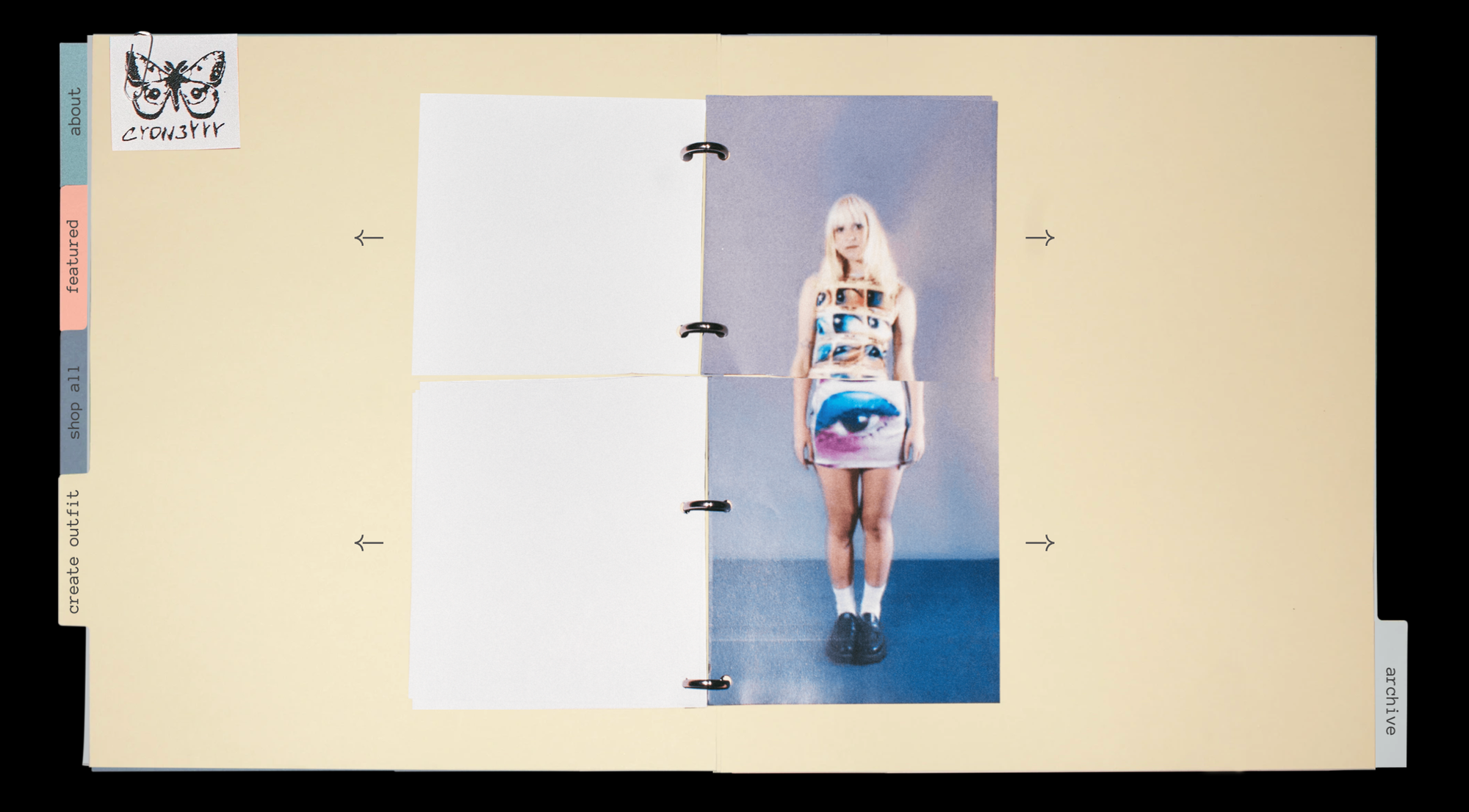 Readymag blog: A visual of the 'Create outfit' page on Cydn3yyy's website that allows users to mix and match garments