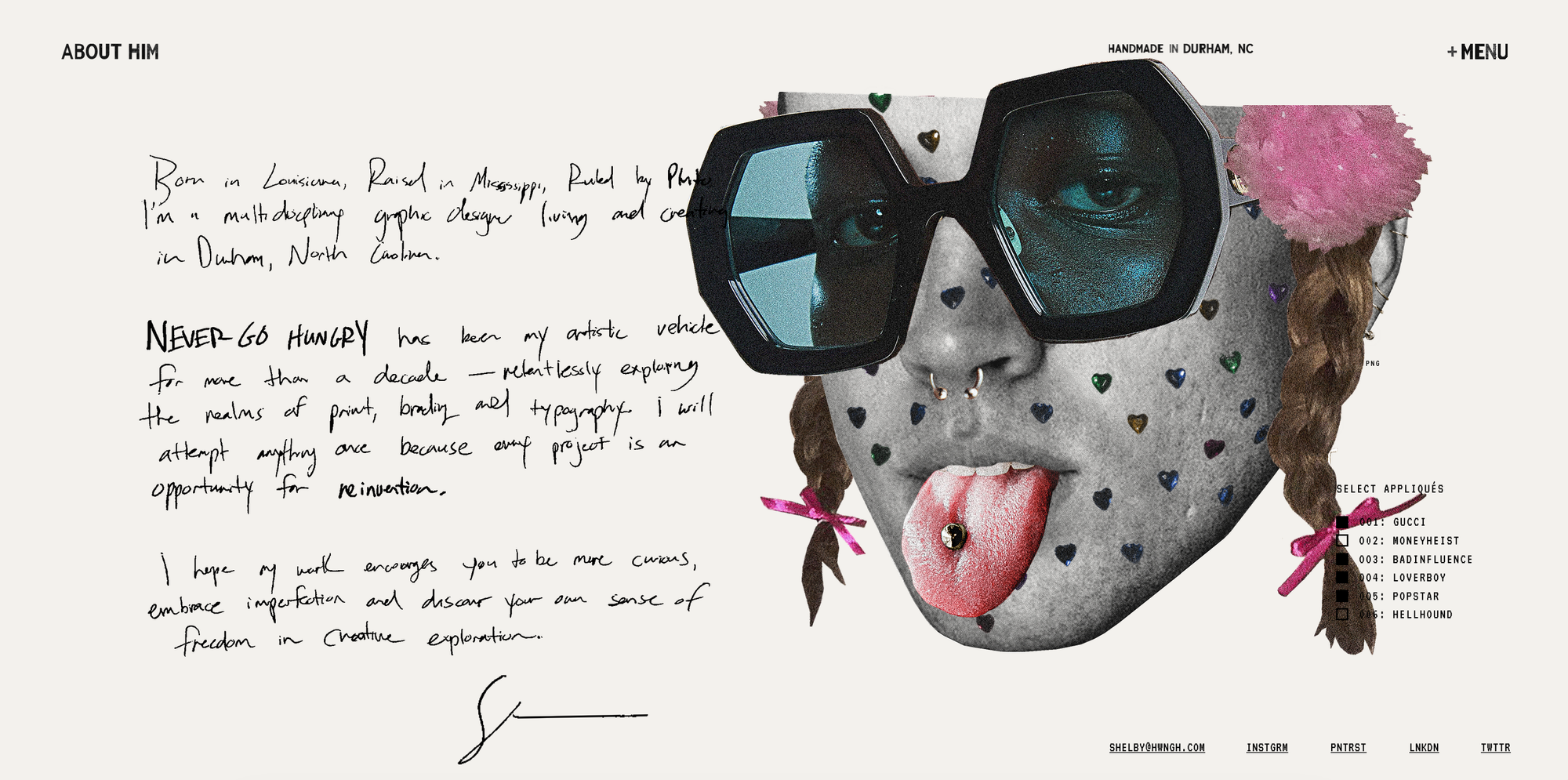 Readymag blog: an image of the 'About Him' page from the website of Shelby Temples' creative practice, Never Go Hungry