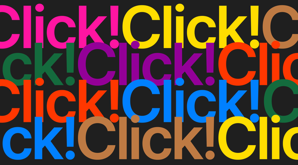 Readymag blog: A typographic cover image featuring the word Click! about an article that discusses 'Why is contemporary design asking for our participation?'