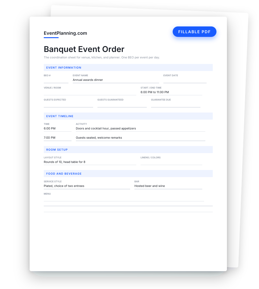 Preview of the free fillable banquet event order template