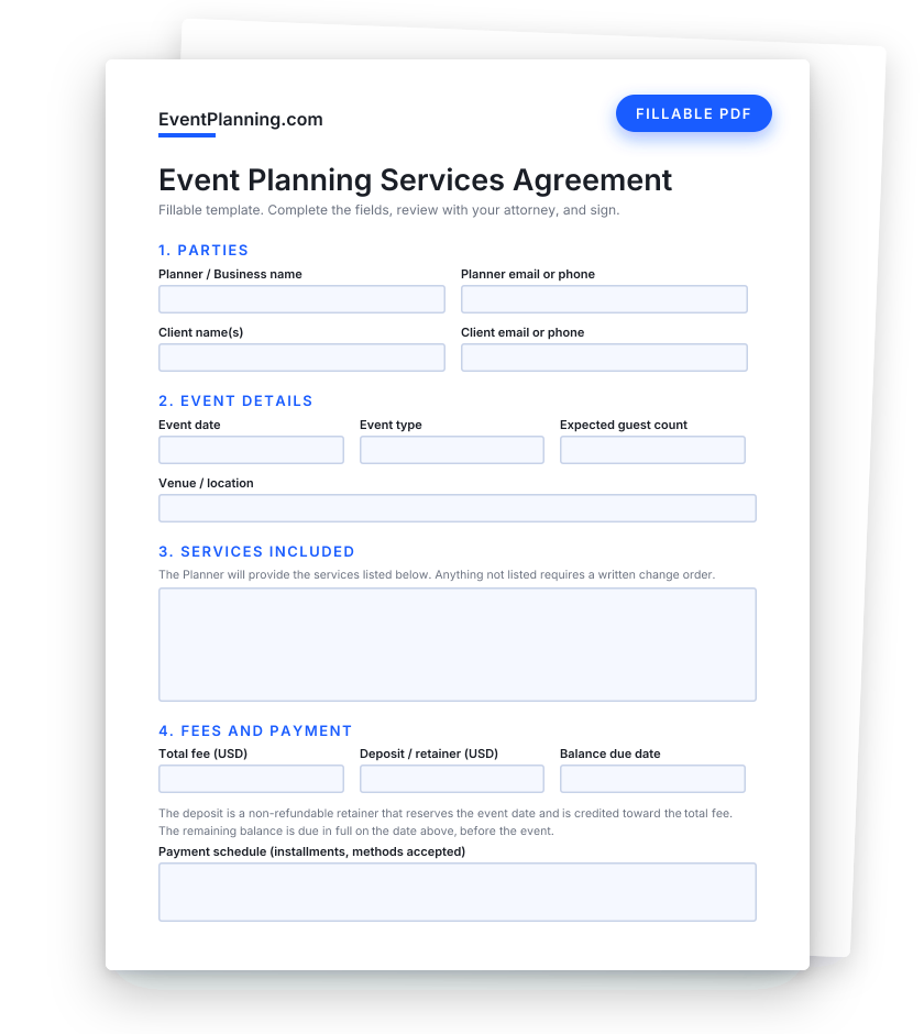 Preview of the fillable event planning contract template, page one