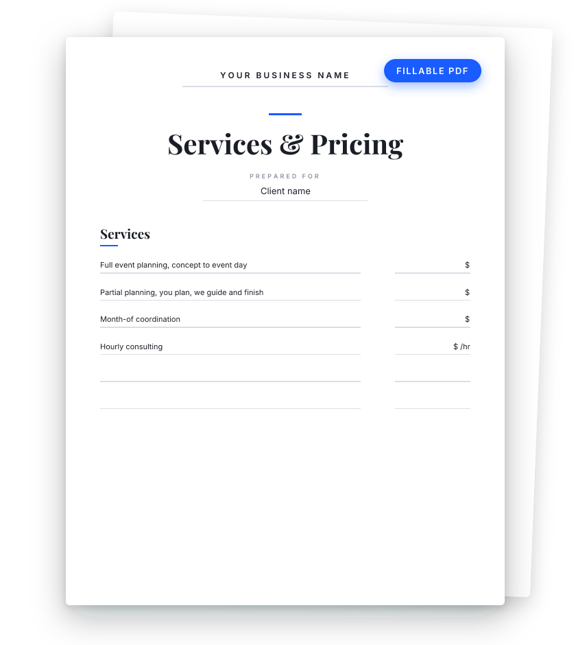Preview of the free fillable event planner price list template