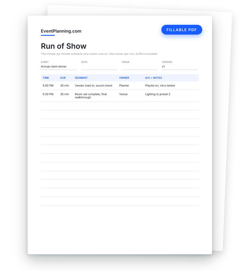 Preview of the free fillable run of show template