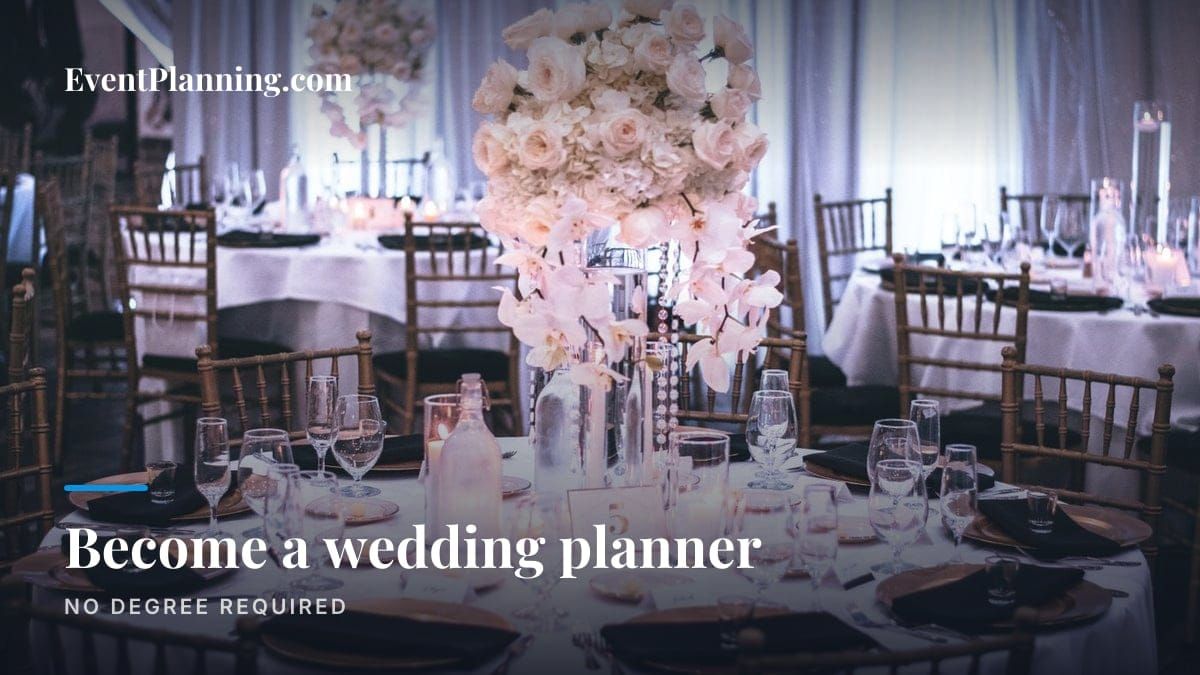 Wedding reception tables at a venue, titled Become a wedding planner