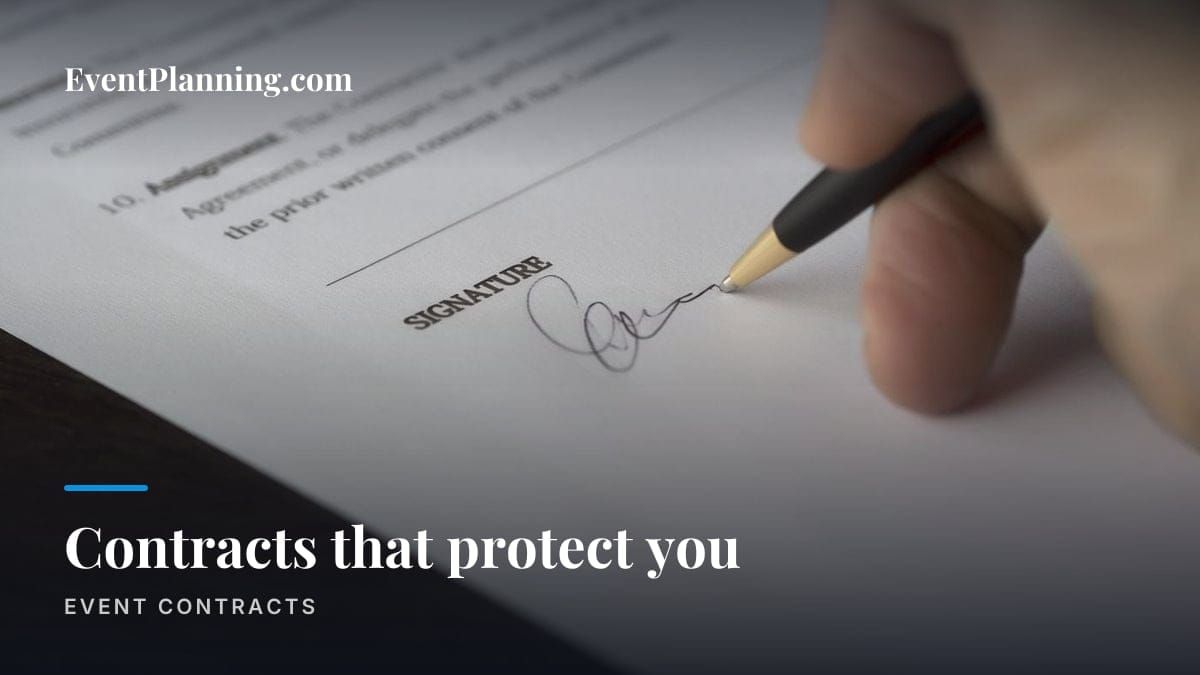 Close-up of a hand signing the signature line of an event contract