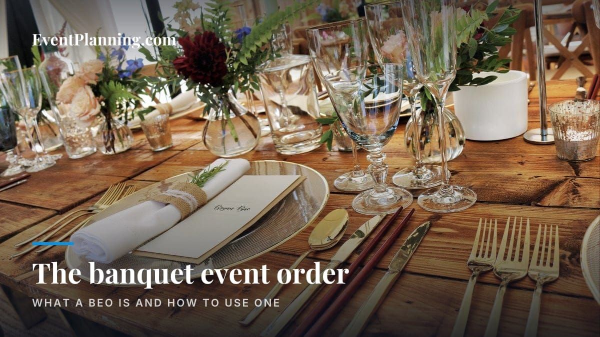 Banquet place setting on a wood table, titled The banquet event order