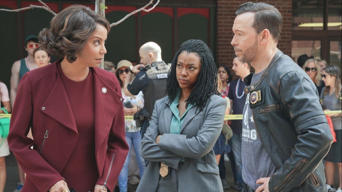 Actor Gloria Reuben as Mae Silver, Sonequa Martin-Green as Lena Silver and Donnie Wahlberg as Danny Reagan in Boston Blue season 1, episode 2. (Photo Credit: Courtesy of CBS.)