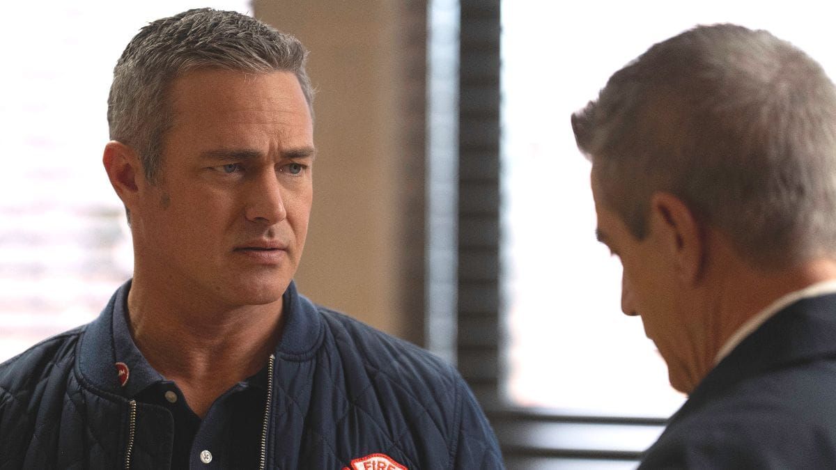 Taylor Kinney as Kelly Severide and Dermot Mulroney as Dominic Pascal in Chicago Fire season 14 episode 14. (Photo Credit: Courtesy of NBC.)