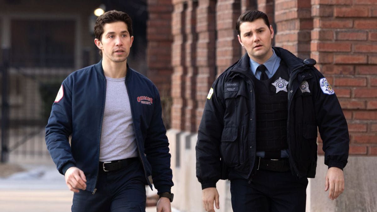Brandon Larracuente as Sal Vasquez and JT Neal as Chris in Chicago Fire season 14 episode 18. (Photo Credit: Courtesy of NBC.)