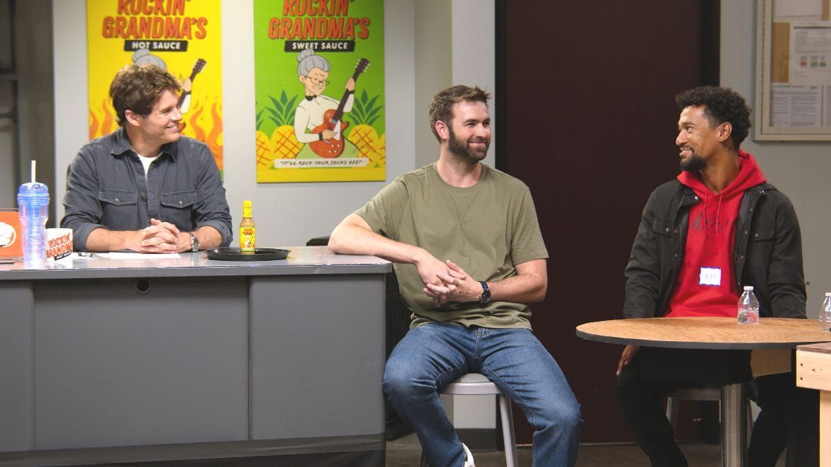 James Marsden, Ronald Gladden and Anthony Norman in Jury Duty Presents Company Retreat episode 10. (Photo Credit: Courtesy of Prime Video.)