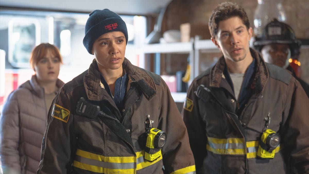 Miranda Rae Mayo as Stella Kidd and Brandon Larracuente as Sal Vasquez in Chicago Fire season 14 episode 17. (Photo Credit: Courtesy of NBC.)