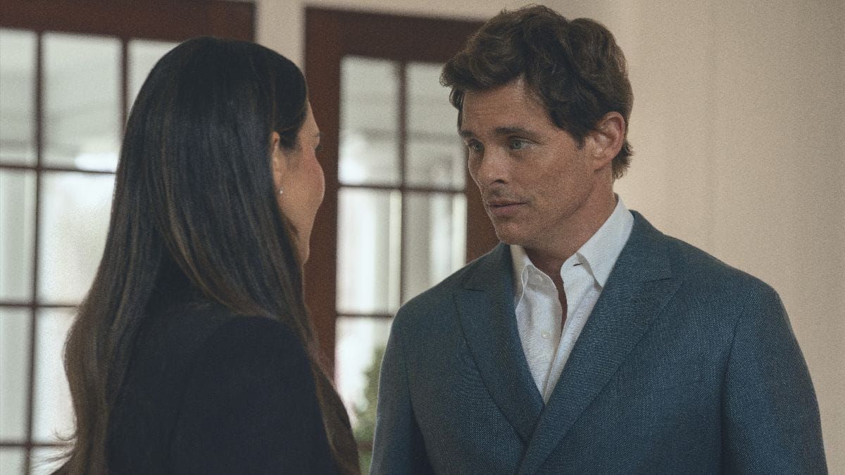 Olivia Munn as Sam and James Marsden as Ashe in Your Friends and Neighbors season 2 episode 1. (Photo Credit: Courtesy of Apple TV.)