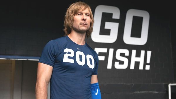 Actor Glen Powell portrays the character of Chad Powers in the Hulu TV series Chad Powers. (Photo Credit: Courtesy of Hulu.)