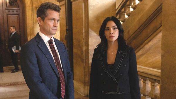 Actor Hugh Dancy as Nolan Price and actor Odelya Halevi as Samantha Maroun in Law & Order season 25, episode 4. (Photo Credit: Courtesy of NBC.)