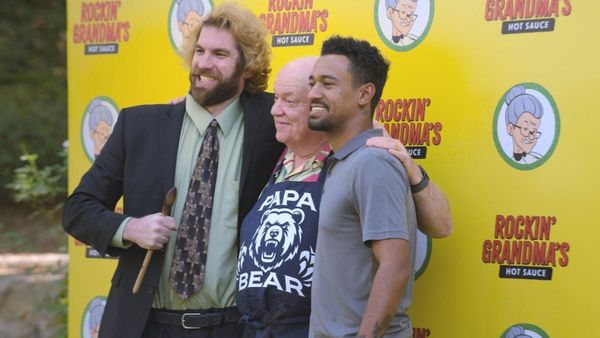 Alex Bonifer as Dougie Womack, Anthony Norman as himself, and Jerry Hauck as Doug Womack in Jury Duty Presents: Company Retreat. (Photo Credit: Courtesy of Prime Video.)