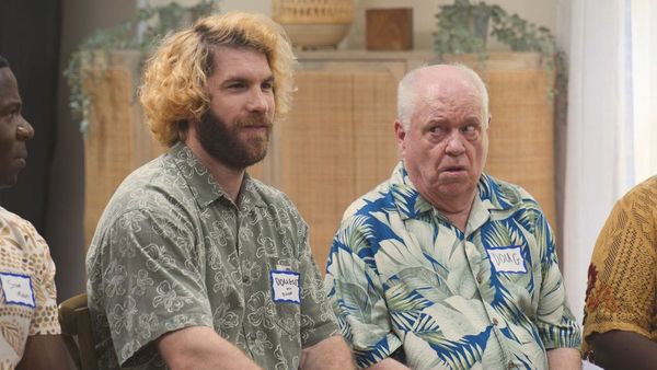 Alex Bonifer as Dougie Womack and Jerry Hauck as Doug Womack in Jury Duty Presents: Company Retreat. (Photo Credit: Courtesy of Prime Video.)