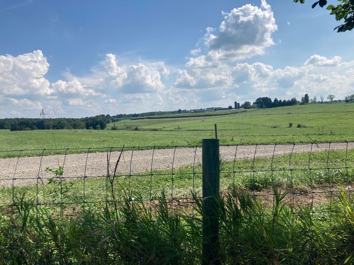 Through a metal fence with a wood post, a field of green grass with a forest and a farmhouse beneath a sky of fluffy clouds. 