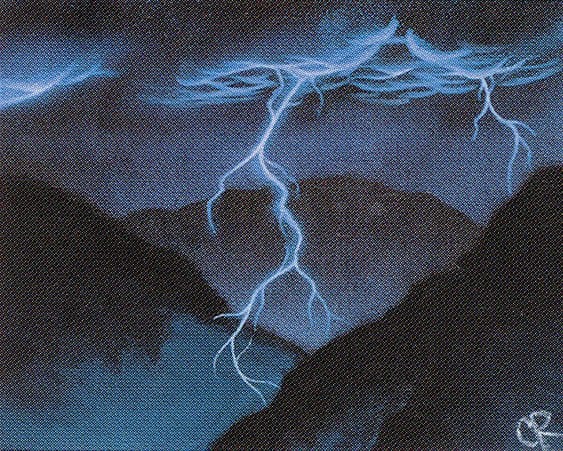 A blue bolt of lightning descends into a darkened mountain range from a thick, oppressive cover of clouds.