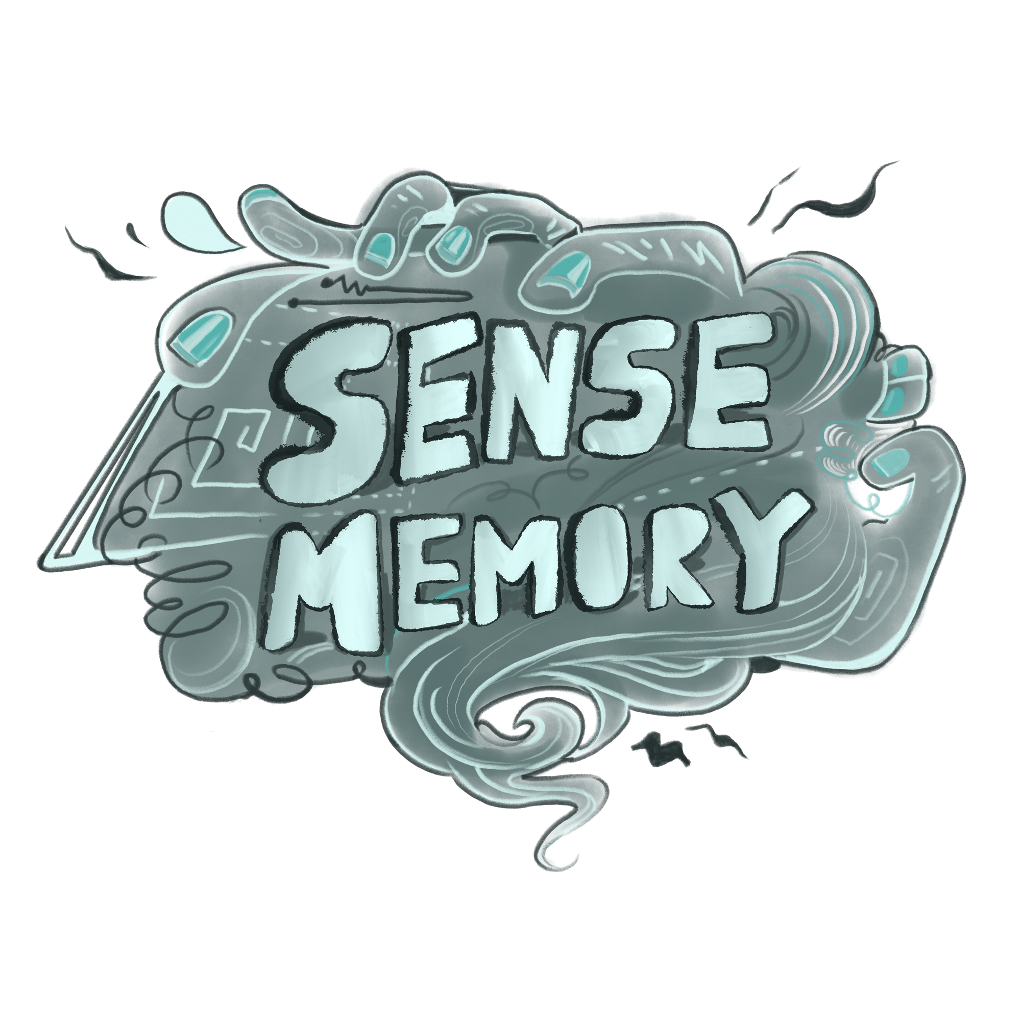 A thought bubble is grasped by an abstracted hand. The text "Sense Memory" sits atop the bubble.