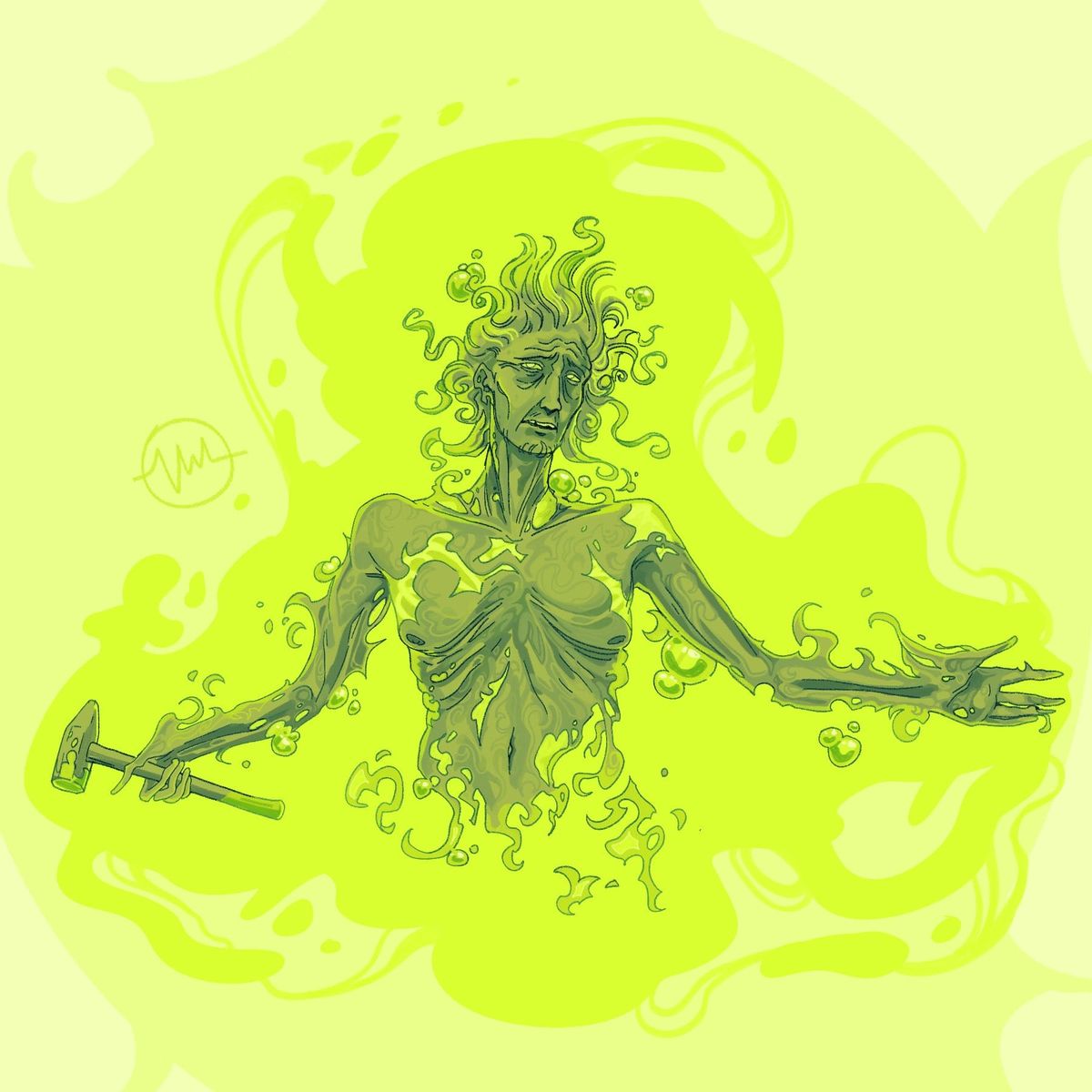 An old man holding a hammer lies in a bath of acid, burning away.