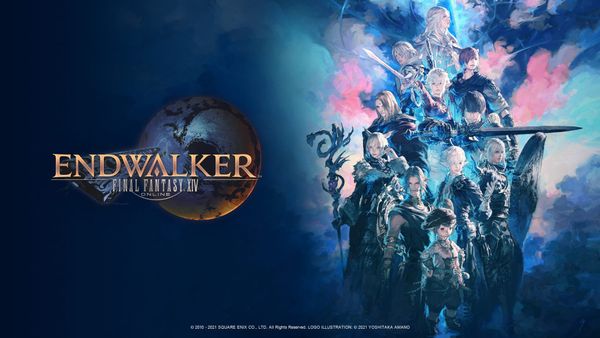 The logo and key art of Final Fantasy XIV: Endwalker. The key art features various important characters from the game's expansion.