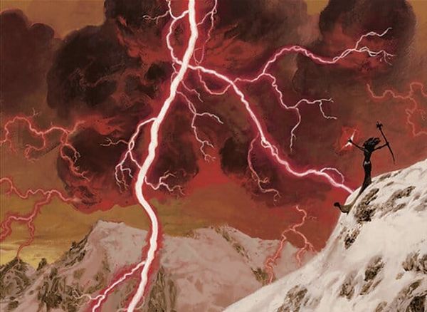 A wizard stands on top of a mountain. They magically beckon forth a red, branching bolt of lightning from the sky.