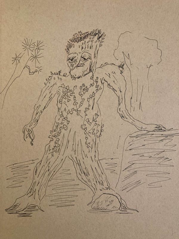 An ink pen drawing of a tree-man with discernible face, arms, and legs. He stands with one hand resting on a rock next to him.