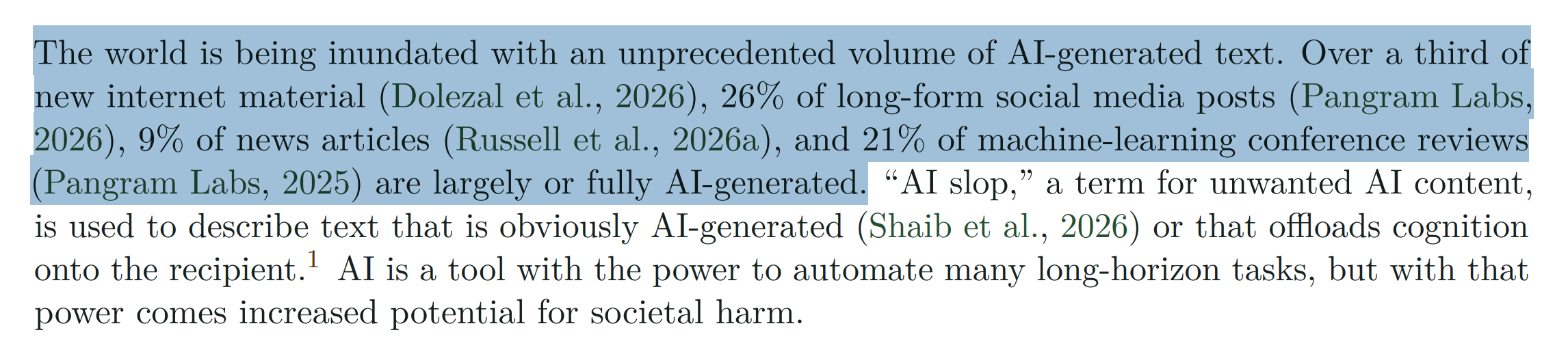 Screenshot from Pangram 4 technical report with facts about volume of AI-generated text in social media