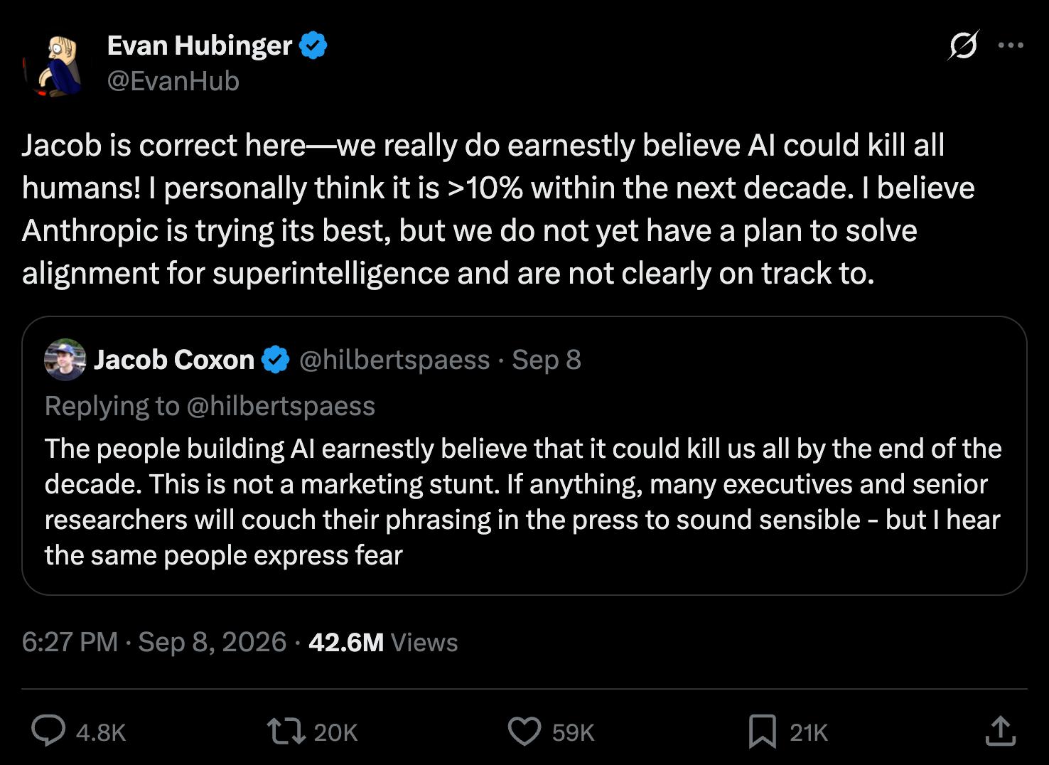 X post from researcher Evan Hubinger supporting the claim that AI could kill all humans