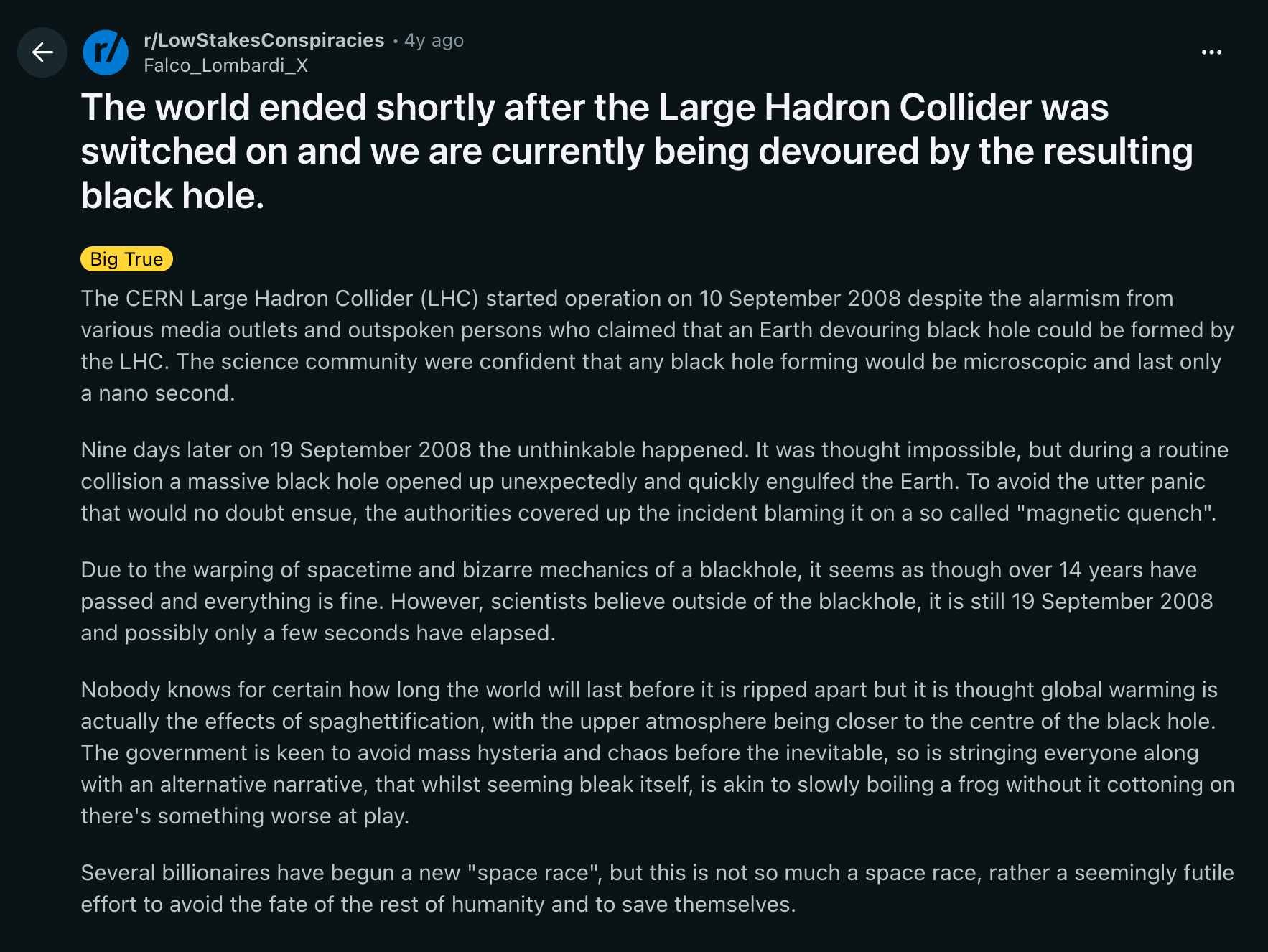 A reddit screenshot of a conspiracy theory that says the world ended after the Large Hadron Collider was switched on.