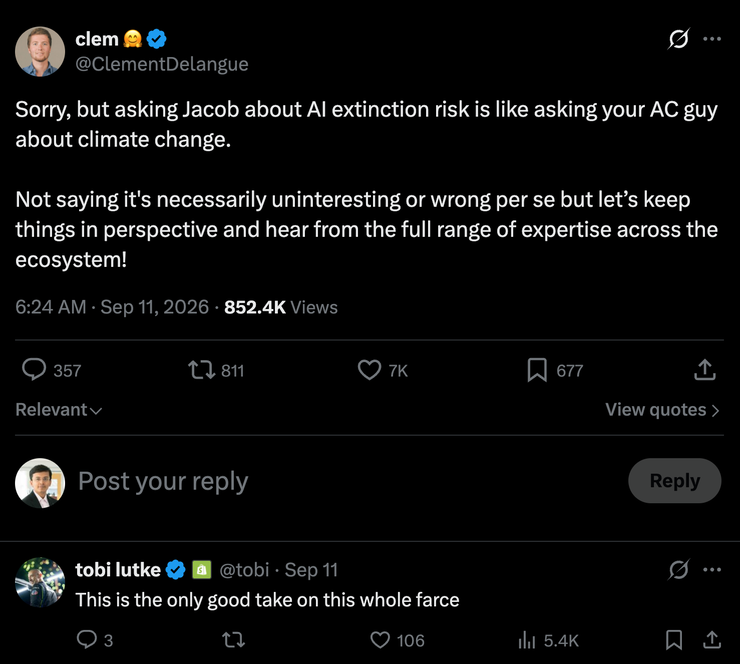 A screenshot of the Hugging Face CEO Clement Delangue responding to Jacob's X post