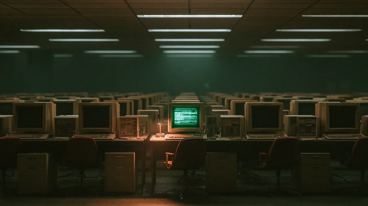 A dimly lit workspace workspace or computer lab with rows of computers turned off while one solitary computer screen is turned on and glowing bright green
