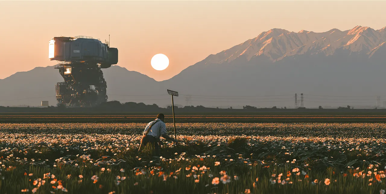 A lone human farmer watches on while a huge AI-powered mega-robot approaches from the distant horizon