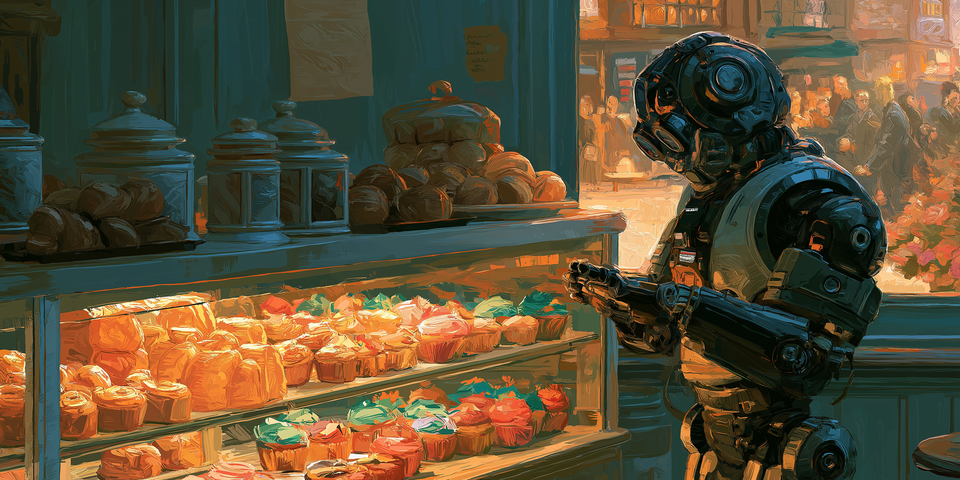 A mech robot closely inspects in-stoglass display counter with cupcakes and baked goods