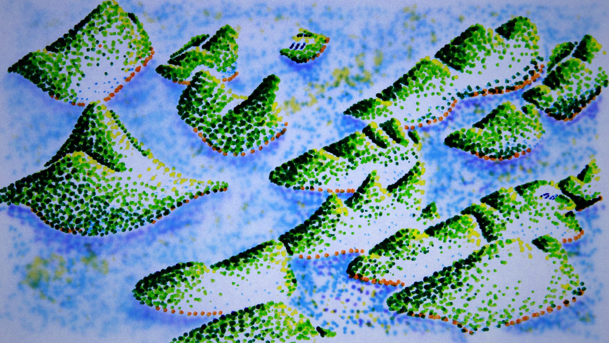 a landscape of mountains in ocean like dots composed by shades of green dots
