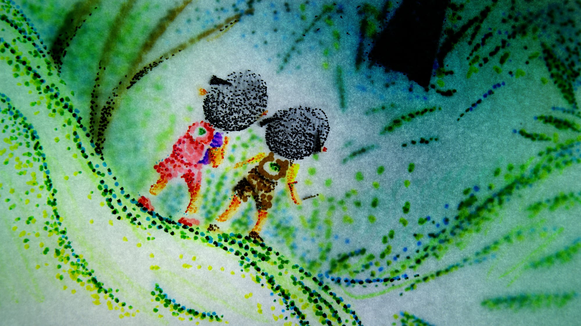 Two stylized figures with dark rounded hairstyles walk side by side along a curved path through a lush green landscape. One figure wears bright pink and red tones, while the other wears brown and yellow. The scene is rendered in a dotted, impressionistic style with swirling green, blue, and black marks suggesting grass, foliage, and movement.