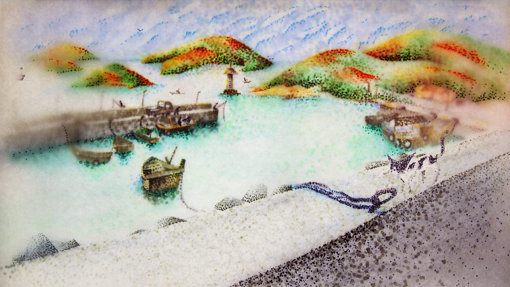 A dreamy pointillist-style coastal harbor scene with small boats floating in pale turquoise water between two docks. Rounded green-and-orange hills rise in the background beneath a soft blue sky streaked with dotted clouds. In the foreground, a winding dark rope or hose lies across a sandy shoreline, while the entire image is composed of colorful sprayed dots that create a hazy, watercolor-like effect.