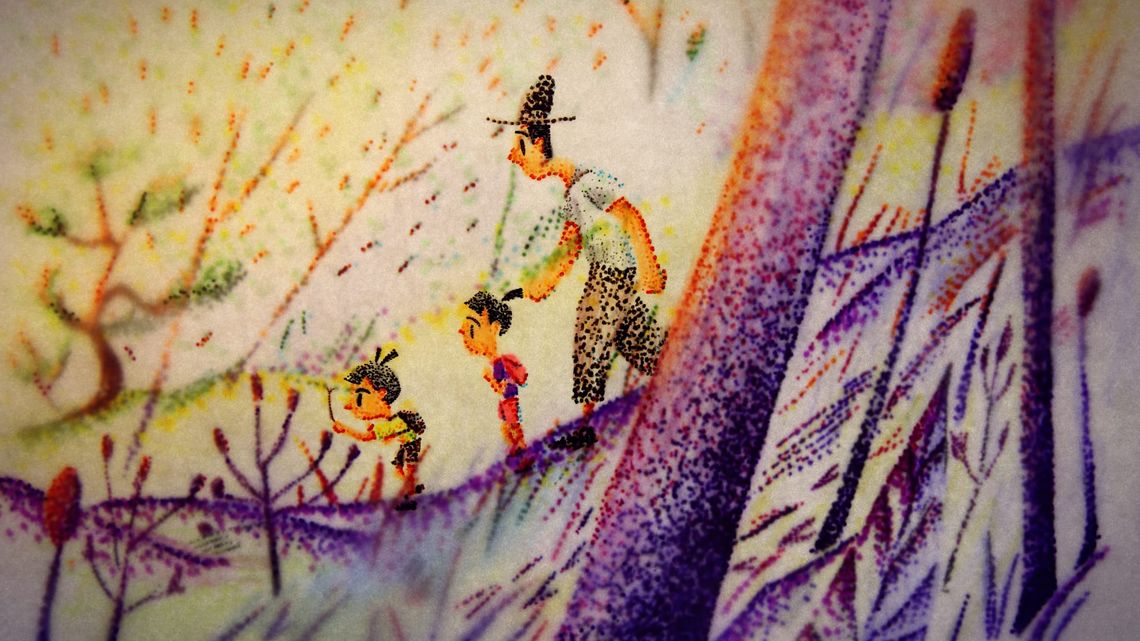 in a forest depicted warmly with purple trees and orange leaves, a father walks behind his two children on a wild path