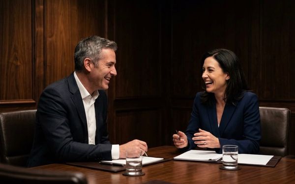 A successful executive interview with two executives building rapport and laughing.