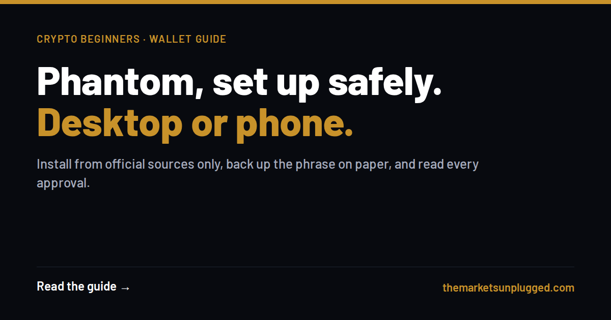 Phantom wallet, set up safely on desktop or phone: The Markets Unplugged wallet guide cover.