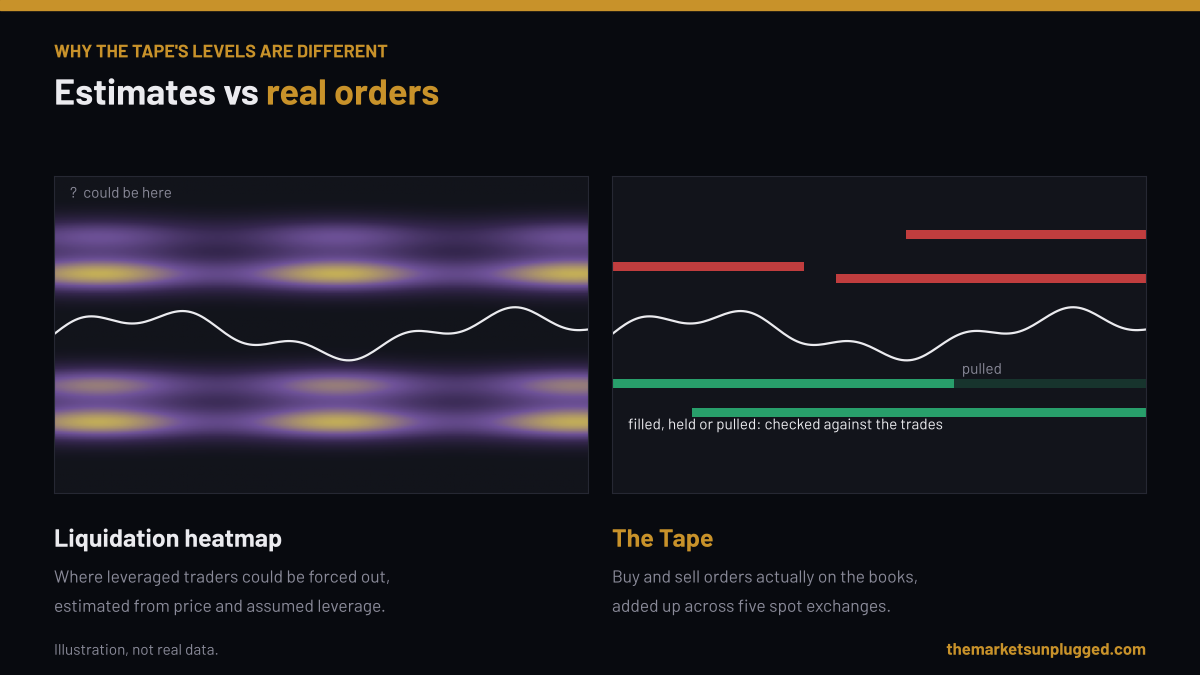 Liquidation heatmap estimates compared with real orders on The Tape