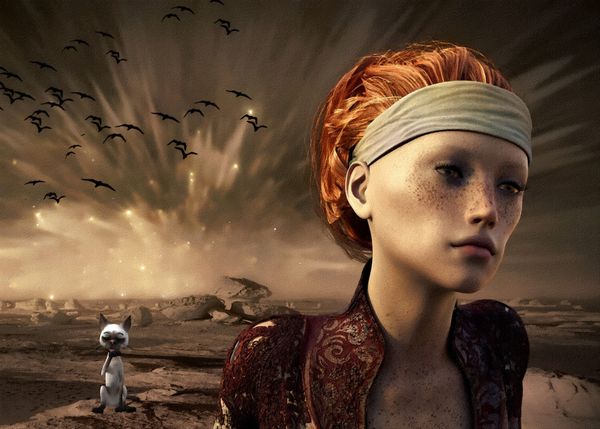 Freckled girl with red hair stands in a desert wasteland as birds flee a fiery explosion; a cat sits calmly nearby.