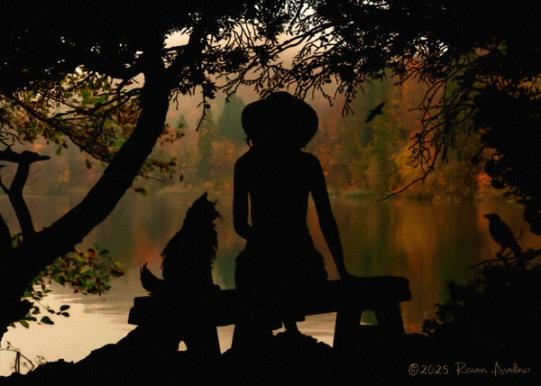 Silhouette of a woman and cat on a bench by a lake in the fall, surrounded by quiet woods.