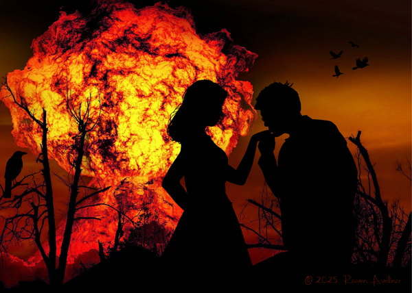 Artwork of a silhouetted couple embracing with a nuclear explosion in the distance—a satirical depiction of unrealistic romance tropes.