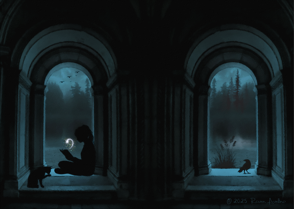 Silhouetted woman reading inside a stone archway with a sparkly magical symbol rising from her book, a cat beside her, a raven in another archway, and a fog-choked forest beyond.