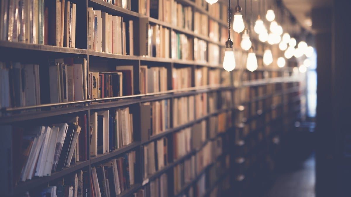 Warm library bookshelf aisle with hanging Edison bulbs, no text overlay