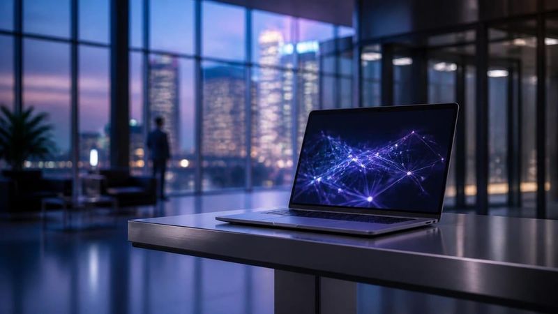 Laptop on a steel standing desk in a glass office lobby at dusk, city lights behind; no text overlay