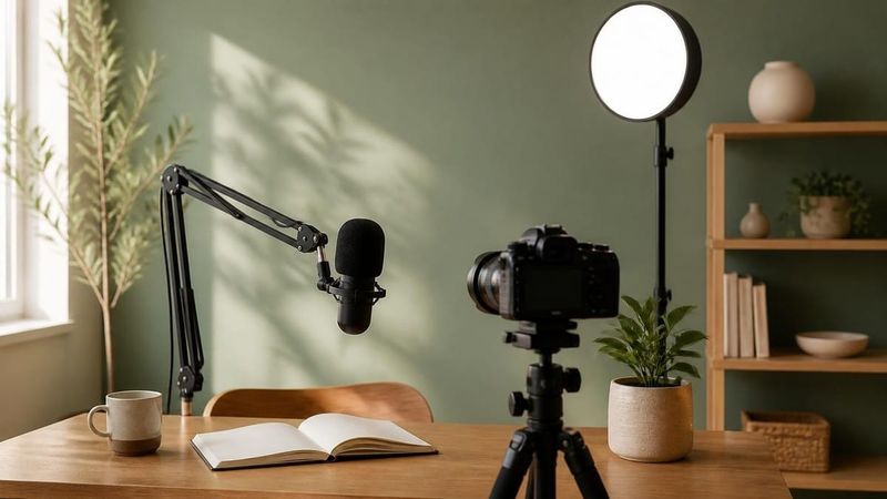 Home studio corner with a boom-arm microphone, camera on a tripod, and a round light against a sage-green wall in morning sun; no text overlay